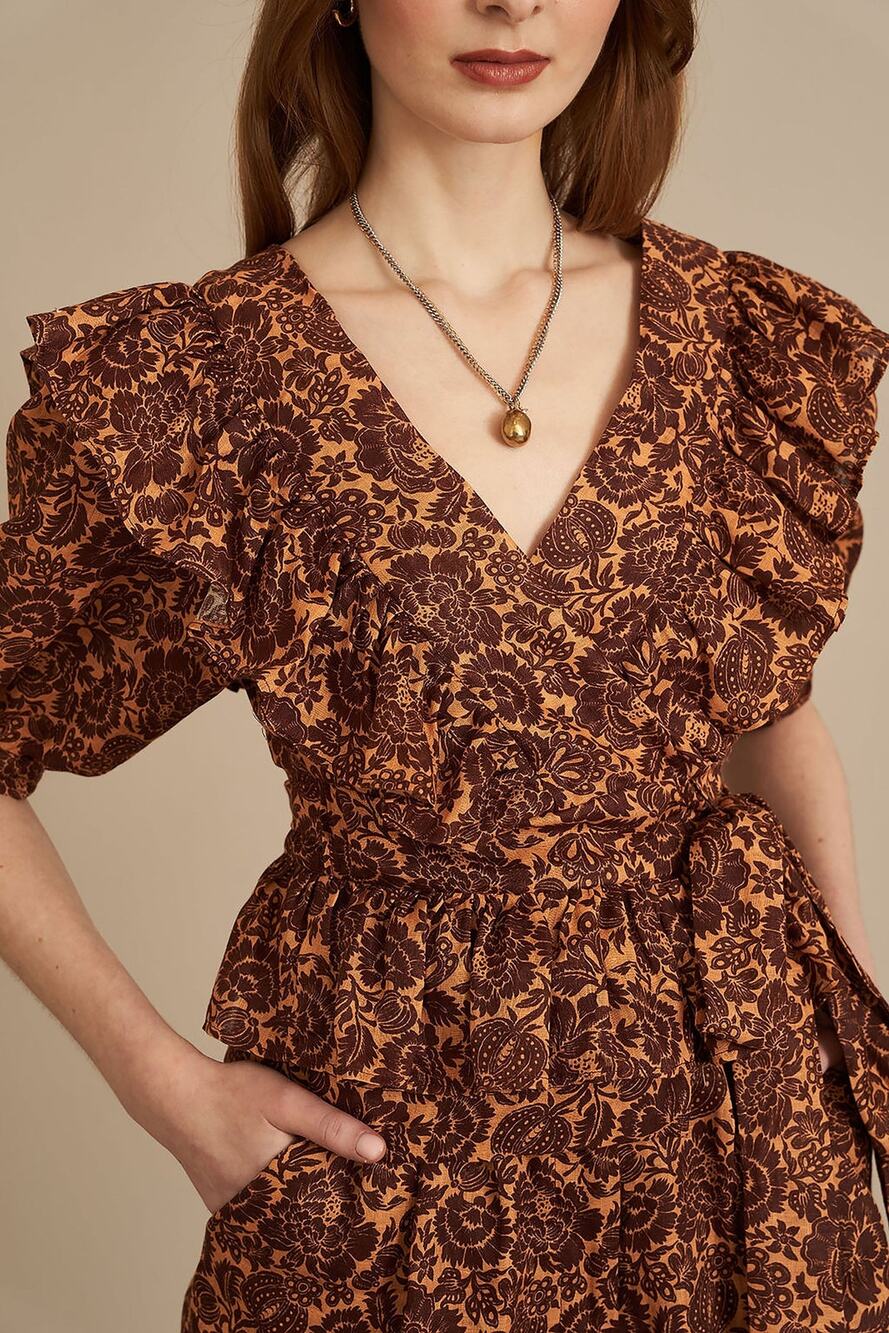 Christy Lynn Stephanie Wrap Top Brown Linen Ruffled Tie Belt Short Sleeve Sz M